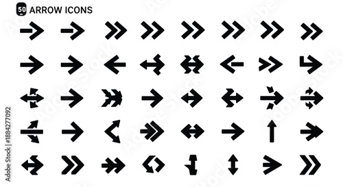 A comprehensive collection of black arrow icons in various styles and directions on a white background, suitable for graphic design resources.