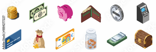Finance and Banking Isometric Icons Set. Collection of money symbols: ATM, piggy bank, coins, credit card, cash, and wallet.