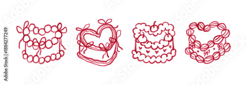 Valentine cake and dessert set with love heart hand drawn doodle vector illustration