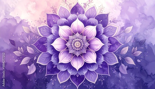 Ornate flower mandala in watercolor hues of purple and lavender, radiating delicate patterns and leafy accents