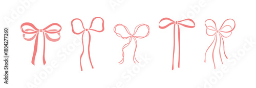 Cute pink ribbon bow set with hand drawn coquette aesthetic for valentine and love decoration vector illustration