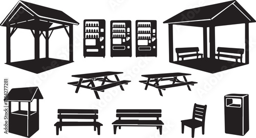 Park Furniture Icons Set Including Benches and Picnic Tables