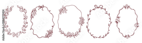 Hand drawn whimsical floral frames with bow and ribbon. Coquette vintage elegant ornamental designs with flower decorations, curls for poster, wedding and invitations. Vector botanical spring wreath