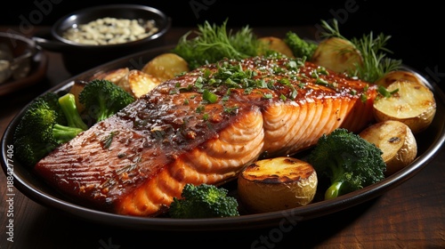Pan-Seared Salmon Fillet with Crispy Skin, Roasted Potatoes, Steamed Broccoli, and Fresh Dill Garnish on a Dark Plate