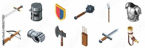 Isometric Medieval Weaponry and Armor Icons Set: Featuring Swords, Helmet, Shield, Mace, Axe, Crossbow, and Gauntlet for Fantasy Games.