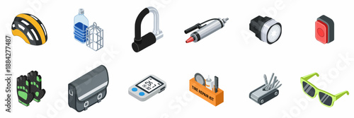 Isometric Set of Cycling Accessories: Helmet, Lights, Lock, Computer, Repair Kit, and Tools for Biking Safety and Maintenance.