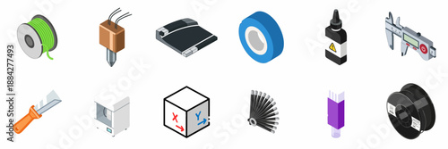 Isometric 3D Printing Icons Set: Featuring Filament, Build Plate, Calipers, Printer, Tools, and Accessories Isolated on White.