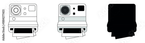 A simple line drawing of a Polaroid-style camera printing a photo, symbolizing retro photography.