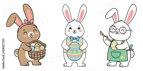 Three adorable bunnies, each with different Easter accessories like a basket of eggs, a decorated egg, and a carrot, in pastel colors.