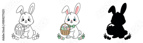 A cheerful bunny holding a basket full of decorated Easter eggs, dressed in a bow tie, symbolizing the Easter spirit.