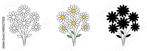 Bouquet of daisies in three styles: black and white outline, color flat design, and solid black silhouette. Simple floral vector graphics.