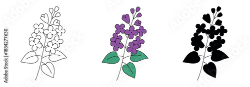 Lilac flower sprig icon set in outline, flat color, and solid black silhouette styles. Minimalist floral vector illustration on white background.
