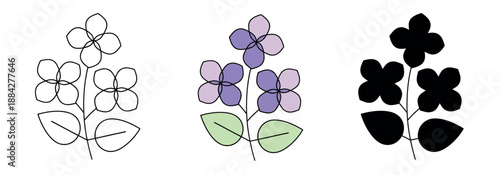 A simple line drawing of a lilac flower with delicate petals and leaves, perfect for spring and floral-themed designs.