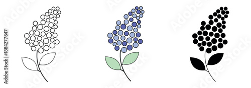 Abstract lilac or hydrangea cluster icons featuring round petals in outline, blue/purple flat color, and black silhouette vector styles.
