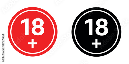 Age restriction 18 plus icons in red and black circular designs. Adult content warning and age limit verification vector symbol.