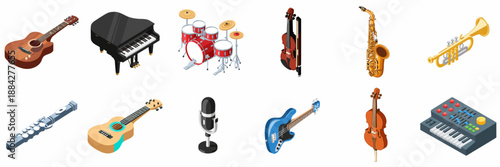 A Comprehensive Isometric Set of Musical Instruments and Audio Gear Icons: Guitars, Piano, Drums, Saxophone, and Synth.