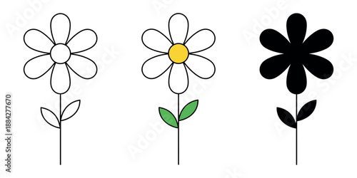 Single daisy flower on a stem with leaves, presented in outline, flat color, and black silhouette icons. Minimalist spring floral vector art.