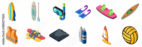 Water Sports Equipment Isometric Icons Set. Includes surfing, diving, wakeboarding, kayaking, windsurfing gear, paddleboards, life jacket, and snorkeling accessories.
