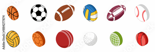 Twelve isometric icons illustrating a variety of sports balls: basketball, football, soccer, volleyball, baseball, cricket, and golf.