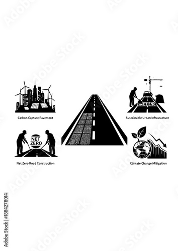 Carbon Capture Pavement Silhouette, Sustainable Urban Infrastructure, Net Zero Road Construction and Climate Change Mitigation Vector