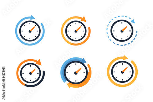 Collection of clock icons with circular arrows indicating time and speed