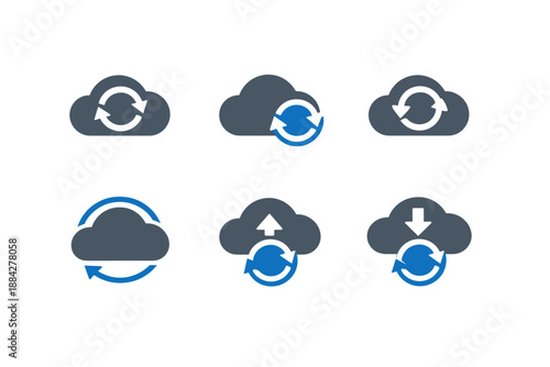 Set of cloud sync icons with refresh, upload, and download arrows
