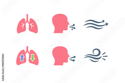 Illustration of lungs and breathing process with airflow symbols and arrows