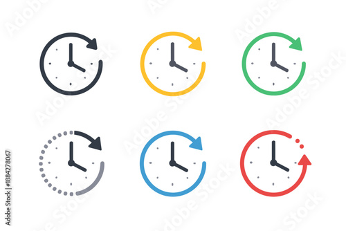 Collection of colorful clock icons with circular arrows indicating time passing or refresh