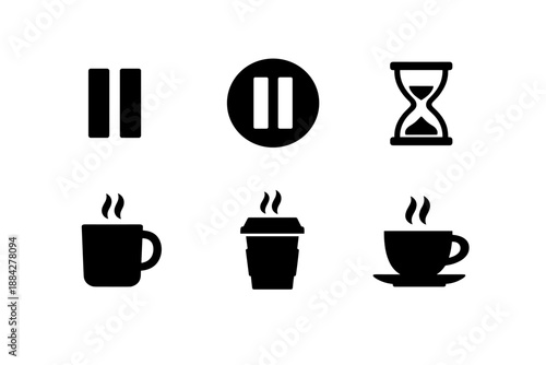 Collection of black icons representing pause, hourglass, and hot beverages on a white background