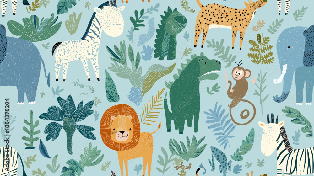 Fototapeta premium Safari animals pattern with giraffes, elephants, and lions on a light blue background. Cute cartoon jungle animals seamless pattern