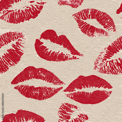 Red lipstick kiss marks covering a cream textured paper surface, creating a playful pattern. Red lipstick kiss marks seamless pattern on textured paper