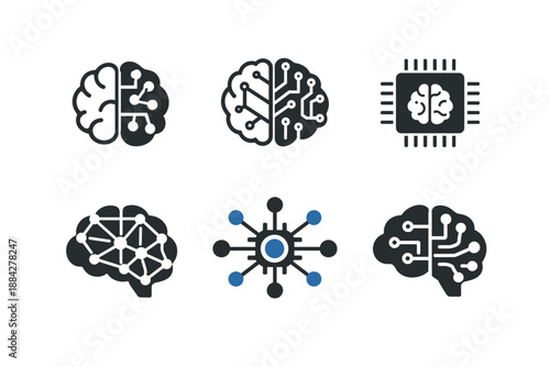 Set of icons representing artificial intelligence, neural networks, and machine learning concepts