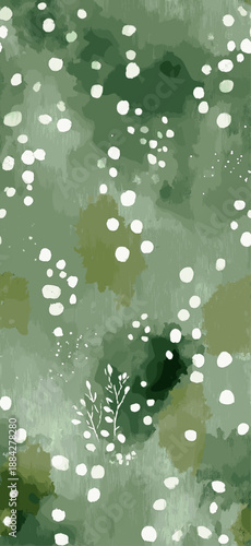 Watercolor green background featuring scattered white and light green polka dots pattern. Watercolor green background with scattered polka dots texture