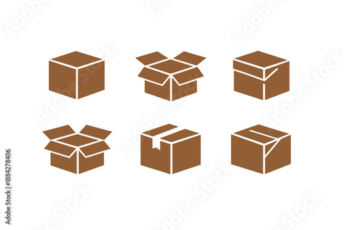 Collection of brown cardboard box icons in different states of opening and closing
