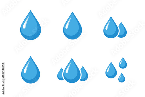 Collection of blue water drop icons with glossy highlights on a white background