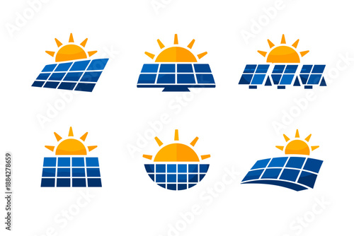 Collection of solar panel icons with sun, representing renewable energy and sustainability