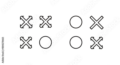 Abstract pattern of black outline circles and expanding 'X' icons arranged in a 2x4 grid on a plain white background, illustrating basic graphic elements.
