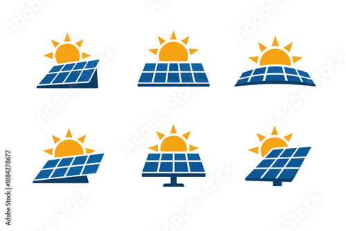 Collection of solar panel icons with sun symbols representing renewable energy generation