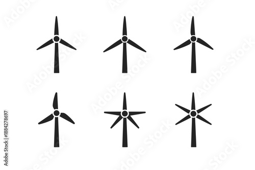 Collection of six different black wind turbine icons on a white background