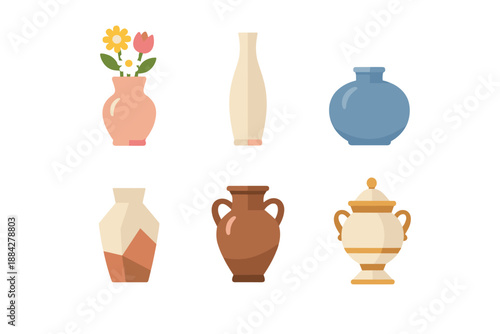 Collection of six diverse decorative vases and urns in flat design style