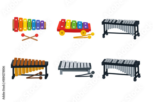 Collection of various xylophones and glockenspiels with mallets for music education