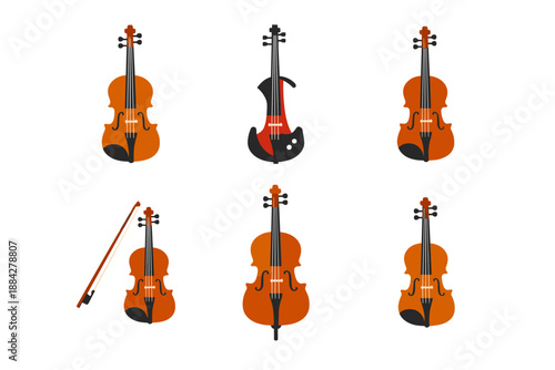 Collection of various violins and a cello, some with bows, on a white background