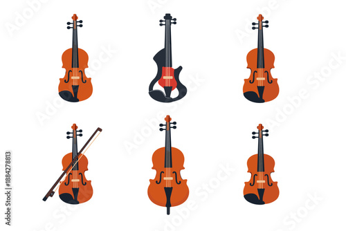 Collection of string instruments including violins, cello, and a stylized electric guitar