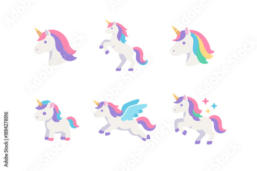 Collection of cute cartoon unicorns with colorful manes and tails on white background