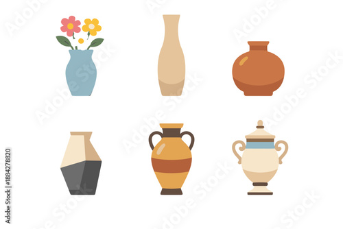 Collection of six diverse decorative vases and pottery in flat design style
