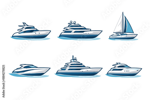 Collection of luxury yachts and sailboats in a modern cartoon style