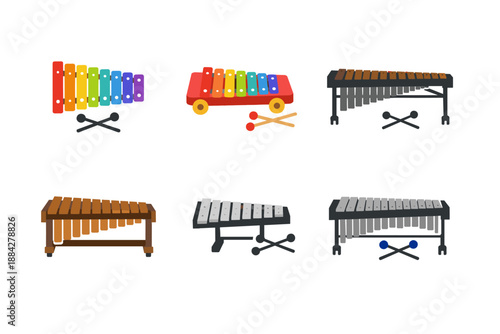 Collection of colorful and wooden xylophones and marimbas with mallets