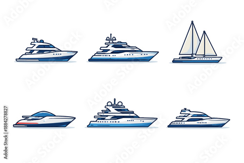 Collection of six different luxury yachts and sailboats in a clean, modern illustration style