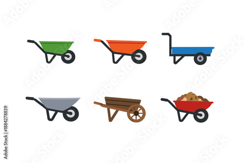 Collection of six different wheelbarrow and cart icons in various colors and styles