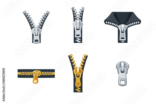 Collection of six different zipper illustrations on a white background